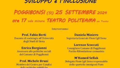 Photo of “Migrazioni e mercato del lavoro: una sfida per lo sviluppo e l’inclusione”, il 25 Settembre iniziativa FIOM CGIL Siena al Politeama di Poggibonsi